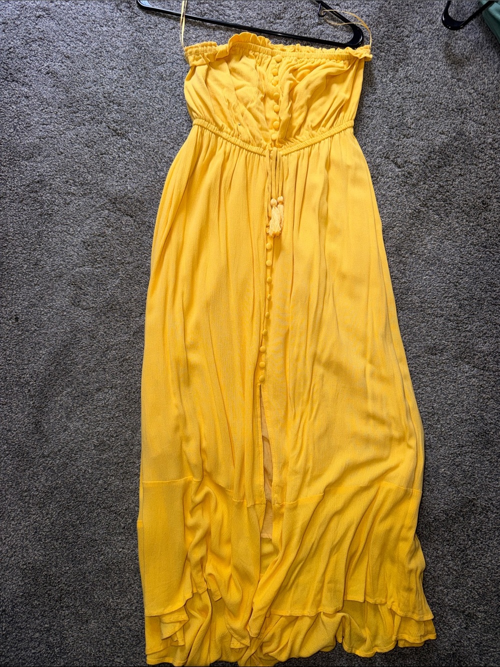 Pink Lily Yellow Strapless Maxi Dress with Front Button & Tassel
